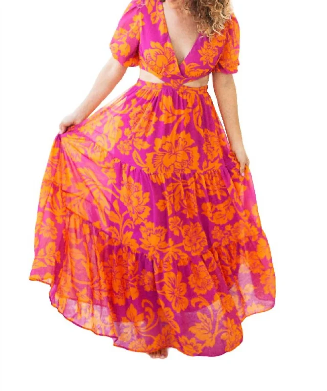 Kira Woven Maxi Dress In Fuchsia Orange