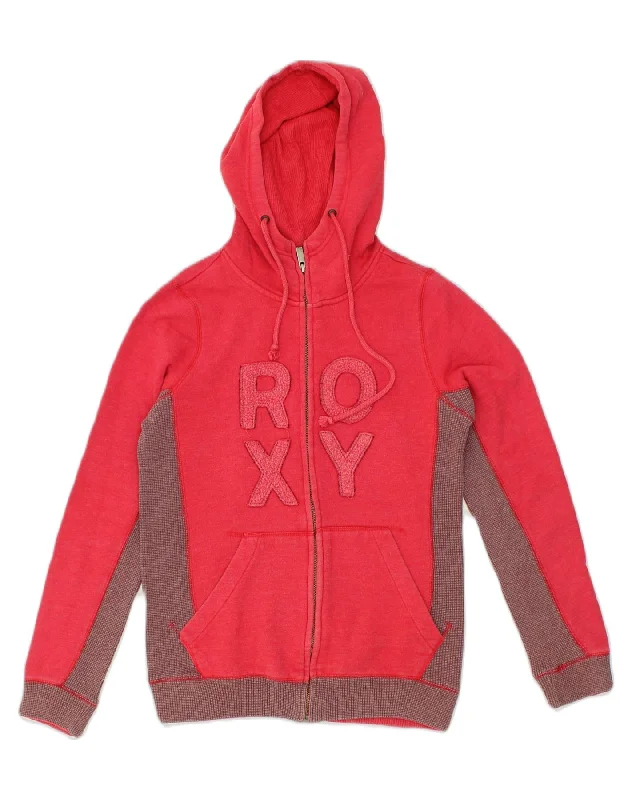 ROXY Womens Graphic Zip Hoodie Sweater UK 14 Medium Red Colourblock Cotton