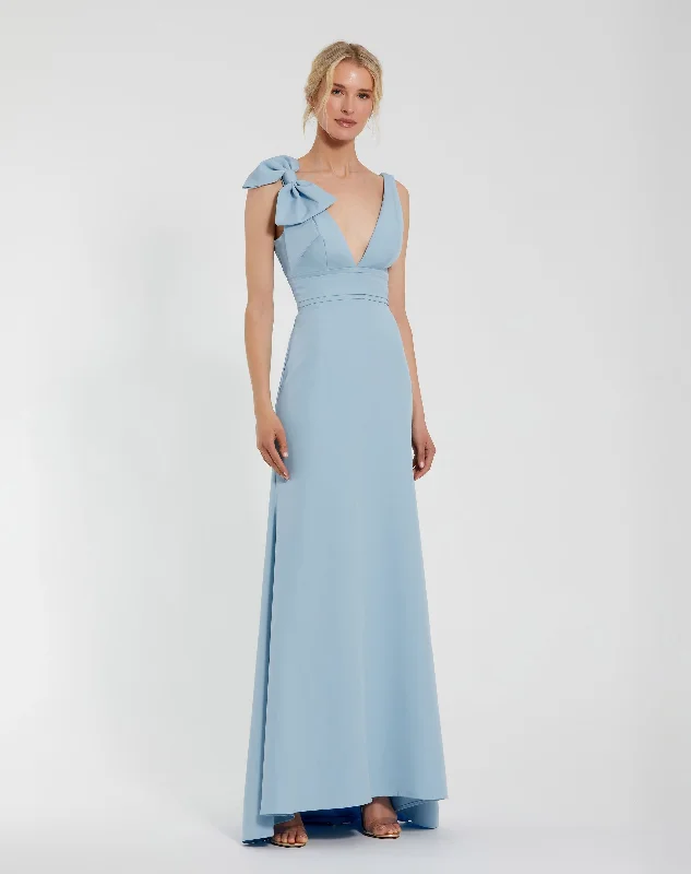 Light Blue Sleeveless V Neck Bow Detail Mermaid Gown