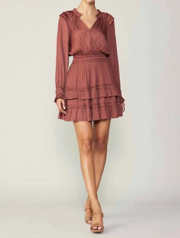 Ruffled V-Neck Mini Dress In Rust