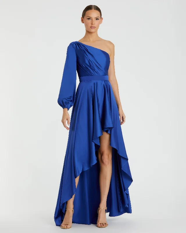 Long Sleeve One Shoulder Satin High Low A-line Gown