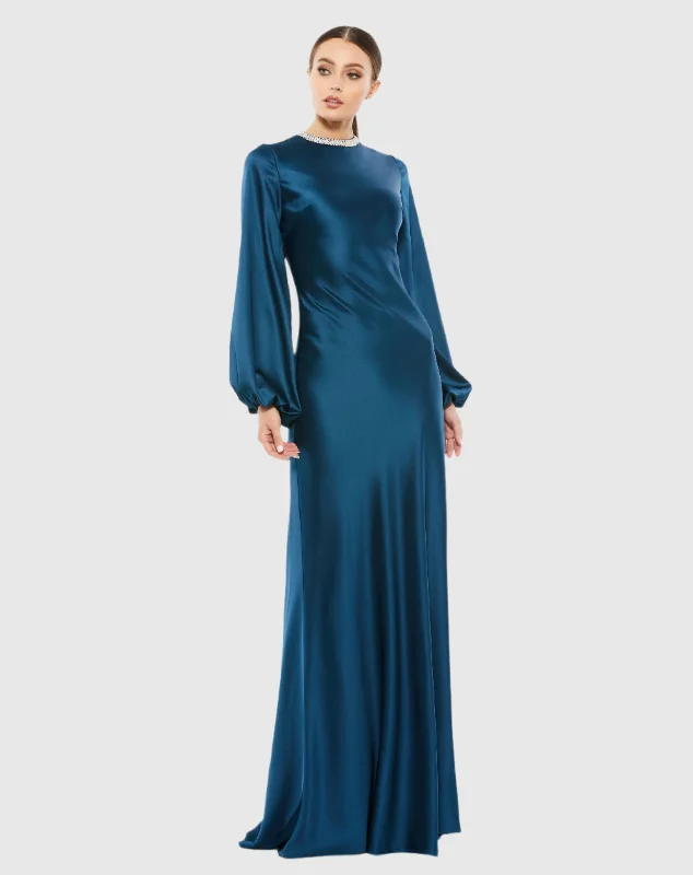 Blue Beaded High Neck Bishop Sleeve Satin Gown