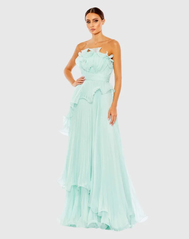 Blue Pleated Tiered Ruffled Strapless Gown