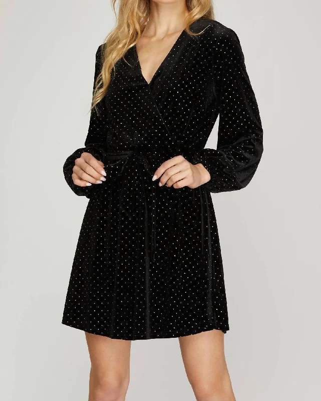 Long Sleeve Surplice W/ Gold Dots In Black