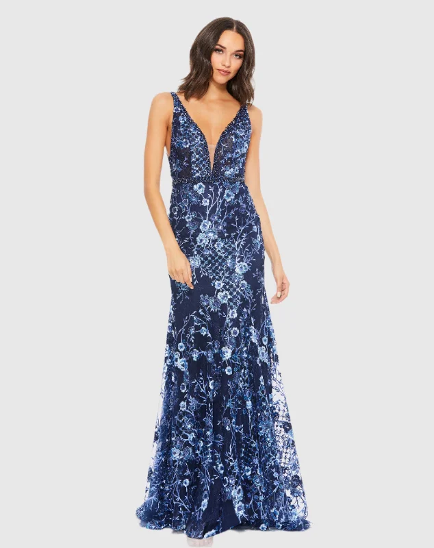 Blue Floral Embellished Sleeveless Plunge Neck Gown