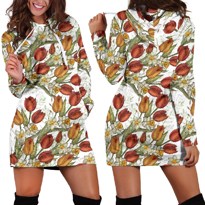 Red Tulips And Daffodils Pattern Women'S Hoodie Dress