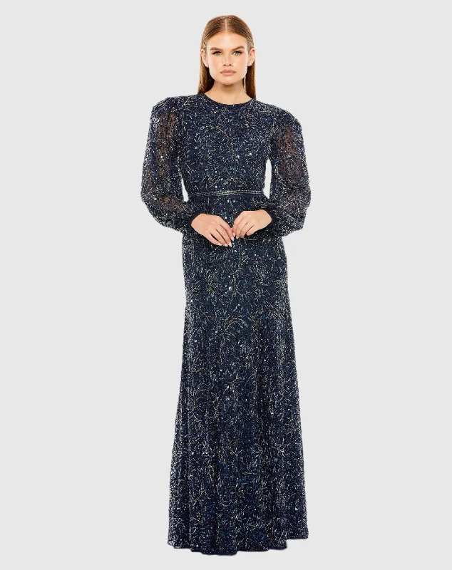 Blue Sheer Long Sleeve Beaded Gown