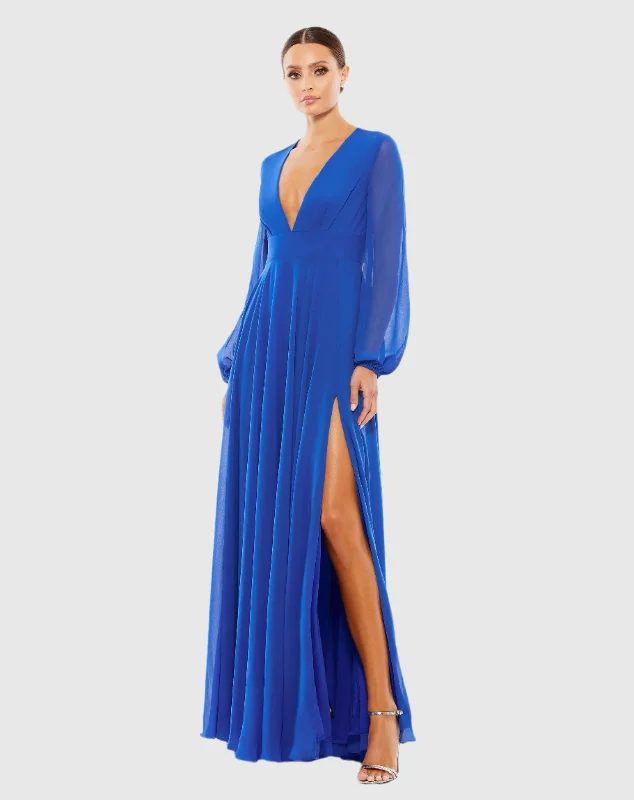 Blue V-Neck Illusion Long Sleeve Chiffon Gown