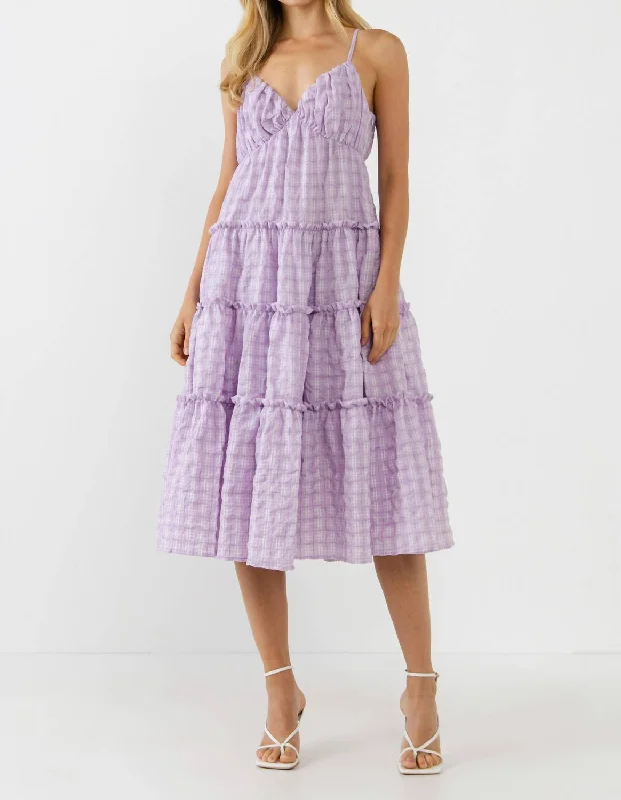 Check Print Gauze Midi Dress In Lilac