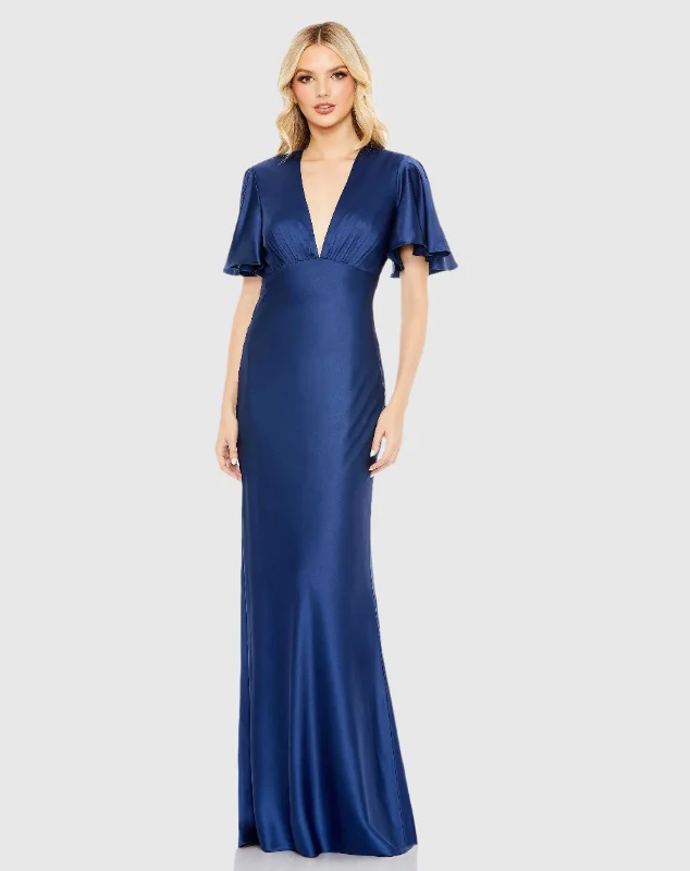 Blue Flounce Sleeve V-Neck Trumpet Gown