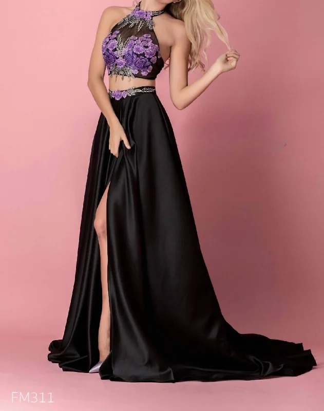 High Slit Dress In Black/purple