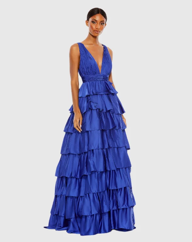 Blue Ruffle Tiered Pleated Sleeveless V Neck Gown