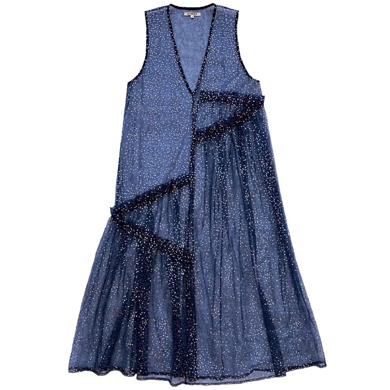 Sequins V Neck Dress With Gathers In Blue/silver