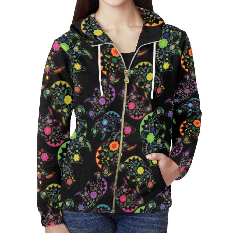 Neon Floral Bears Full Zip Hoodie for Women