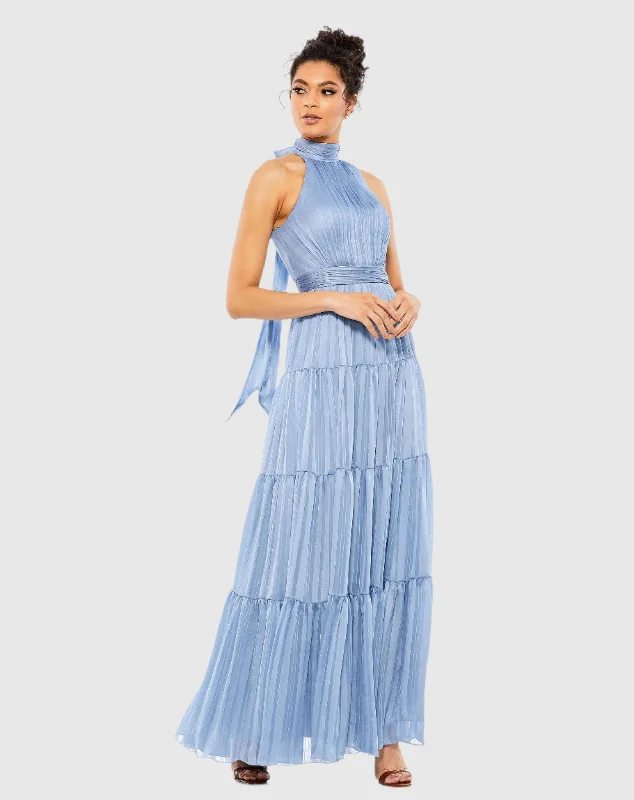 Tie Neck Tiered Halter Gown