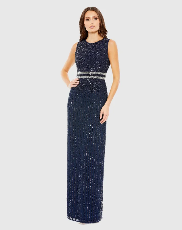 Blue Sequined High Neck Sleeveless Column Gown