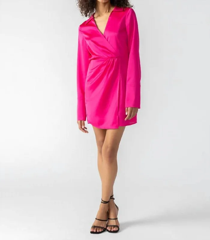 Cuff Detail Wrap Dress In Power Pink