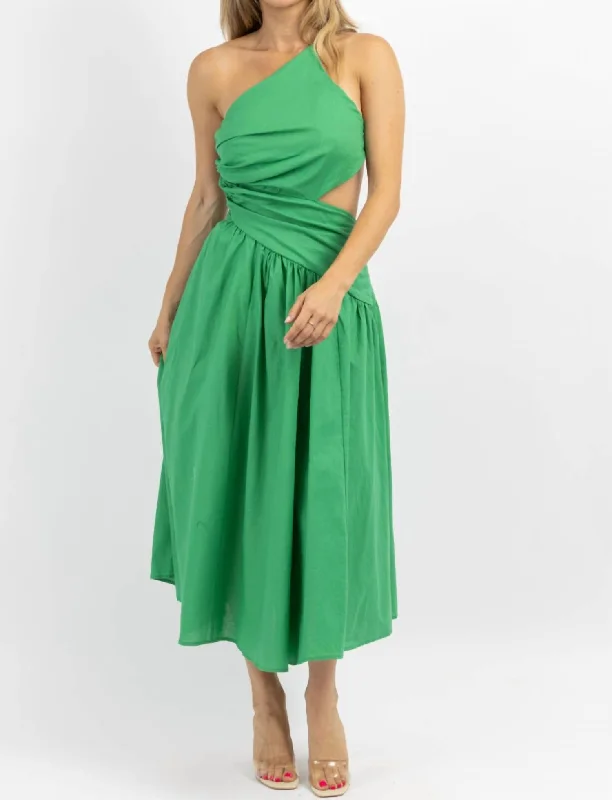 Asymmetric Ruche Midi Dress In Palm Green