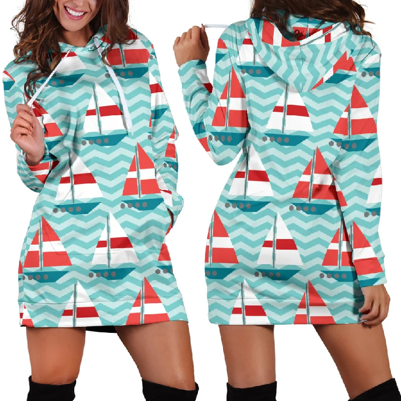 Red White Sailboat Wave Background Women'S Hoodie Dress