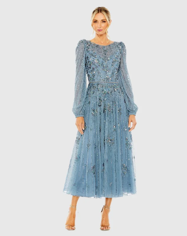 Blue Floral Embellished High Neck Puff Long Sleeve A Line Midi Dress