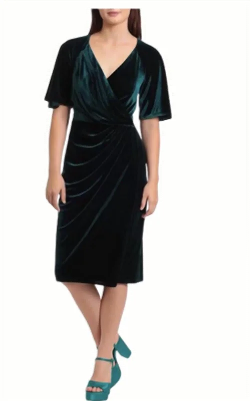 Stretch Velvet Wrap Midi Dress In Hunter Green