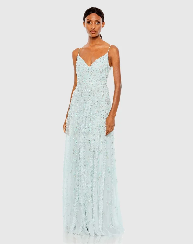 Embellished Ruffled Spaghetti Strap A Line Gown