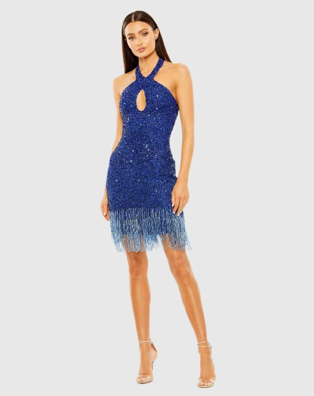 Blue Cross Front Keyhole Top Beaded Fringe Mini Dress