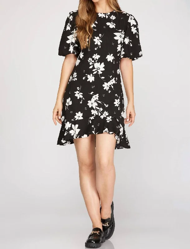 Puff Short Sleeve Print Dress In Black