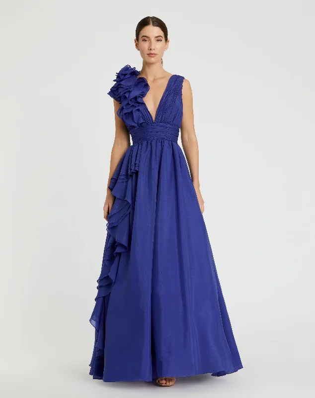 Dark Blue Ruffle Shoulder V-Neck Chiffon Gown