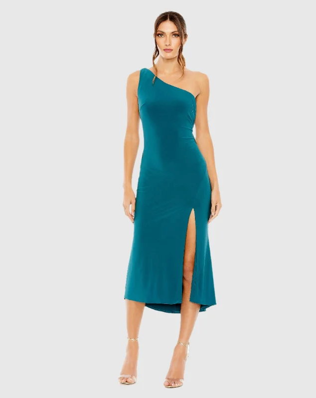 Blue One Shoulder Cowl Back Jersey Midi Dress