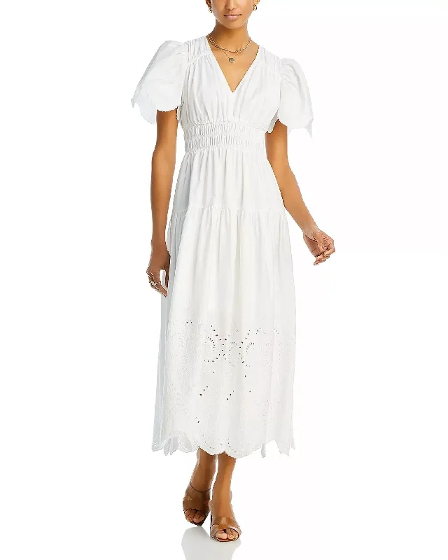 Pleated Eyelet Midi Dress In White