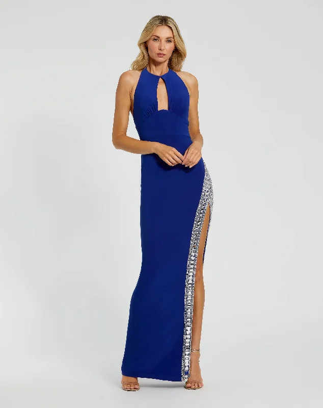 Blue Jersey Halter Neck Beaded Slit Detail Gown