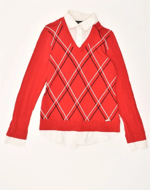 TOMMY HILFIGER Womens V-Neck Jumper Sweater UK 10 Small Red Argyle/Diamond