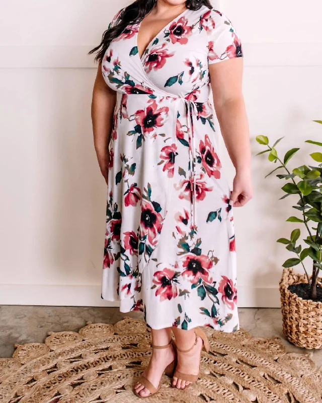 Surplice Midi Dress In Rose Print & Ivory Teal