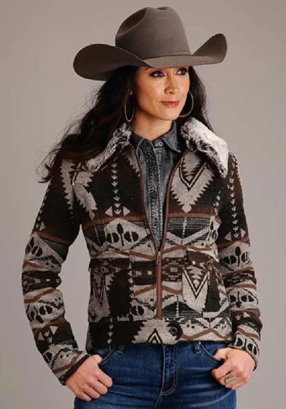 Women's Stetson Brown gray AZTEC JACKET w/ Faux fur collar