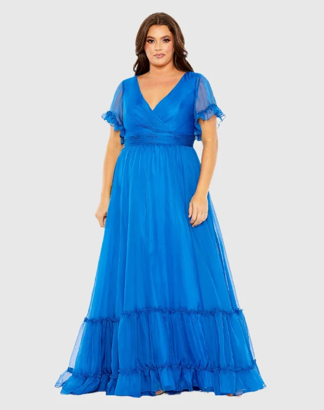 Chiffon Faux Wrap Flutter Sleeve Tiered Gown (Plus)