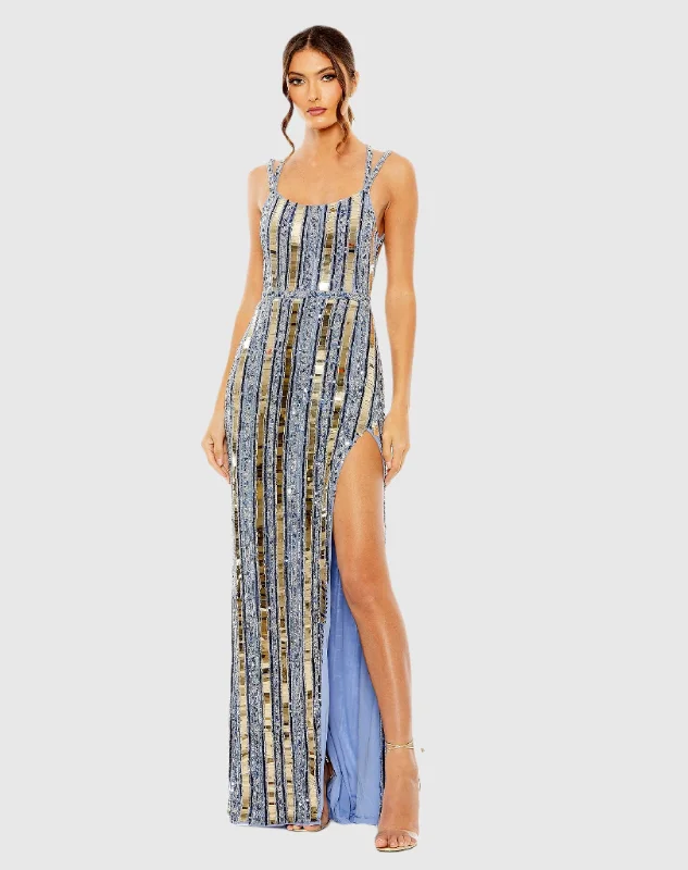 Blue and Gold Halter Neck Embellished Detailed Back Gown