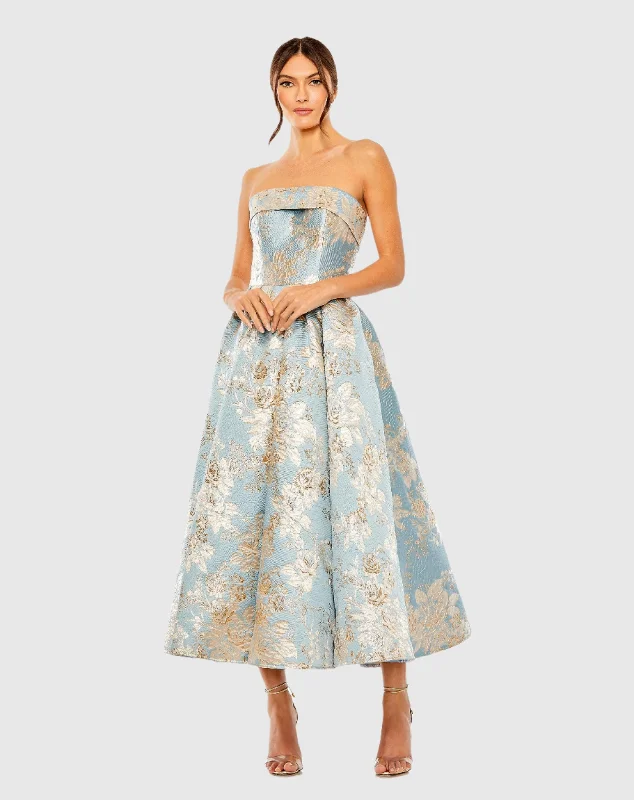 Strapless Brocade Midi Dress with Pockets