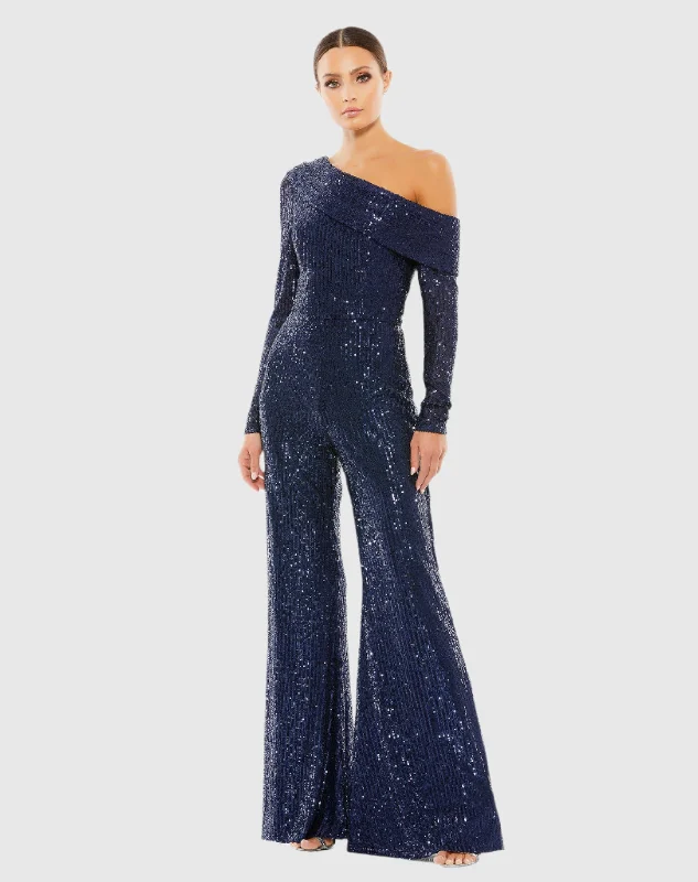 Blue Sequined Drop Shoulder Long Sleeve Jumpsuit