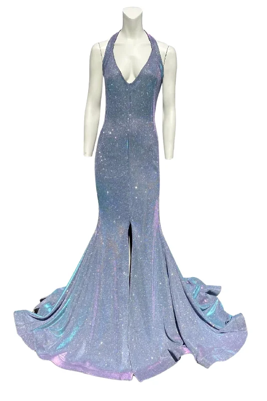 Metallic Evening Gown In Blue Metallic Sparkle