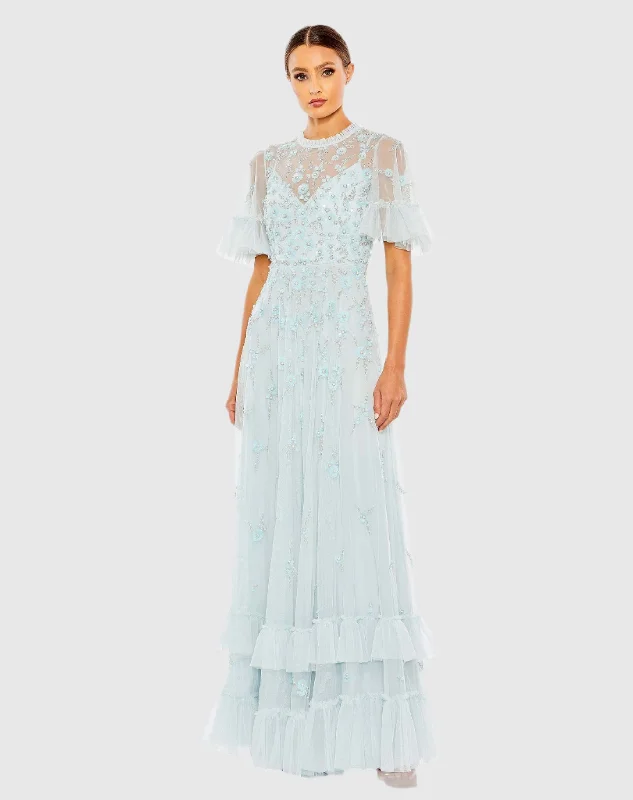 Blue Ruffled Floral Embellished Flutter Sleeve A-Line Gown