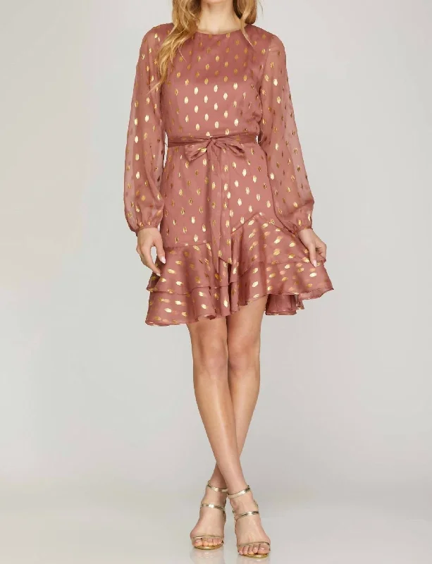 Long Sleeve Gold-Dot Chiffon Dress In Dusty Rose