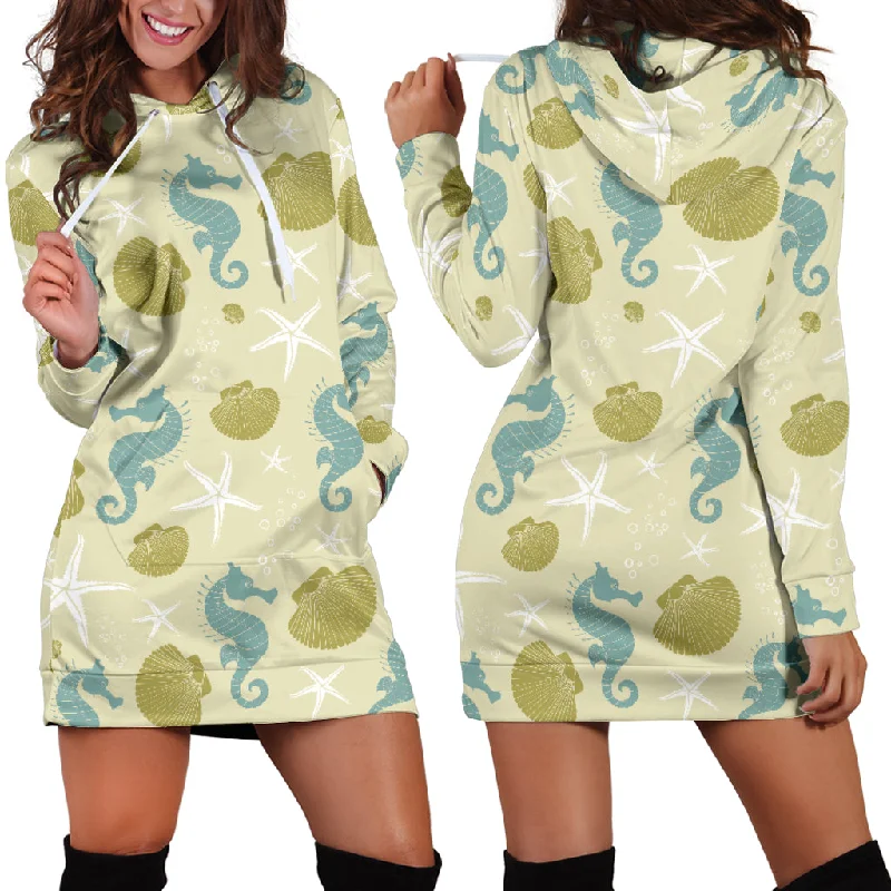 Seahorse Shell Starfish Pattern Background Women'S Hoodie Dress