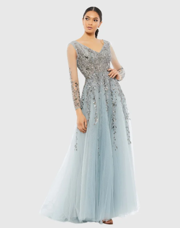 Light Blue Embellished V Neck Long Sleeve A Line Gown