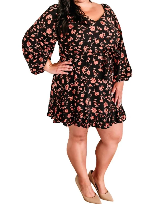 Long Sleeve Floral Dress With Tie Belt In Midnight Rose