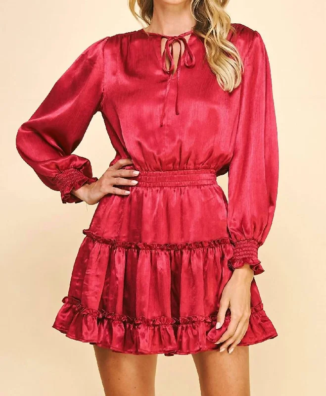 Tiered Satin Mini Dress In Cranberry