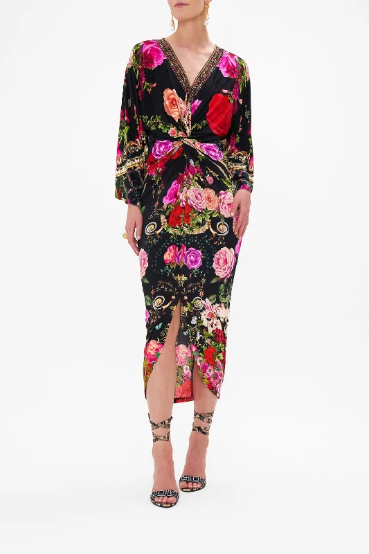 Embellished Floral Front-Twist Midi-Dress In Reservation For Love