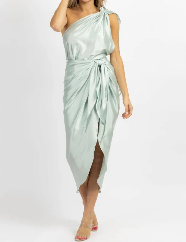 Satin One Shoulder Wrap Dress In Mint