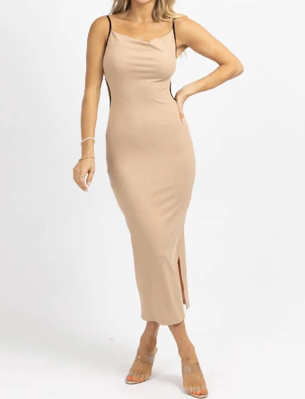 Contrast Ribbed Midi Dress In Taupe + Black