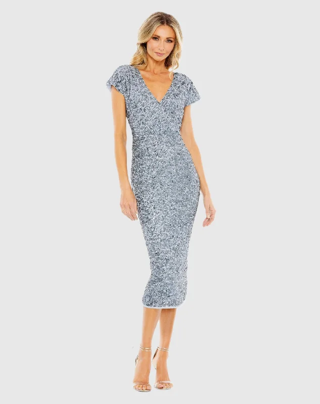 Blue Sequined Short Sleeve Wrap Over Cocktail Dress